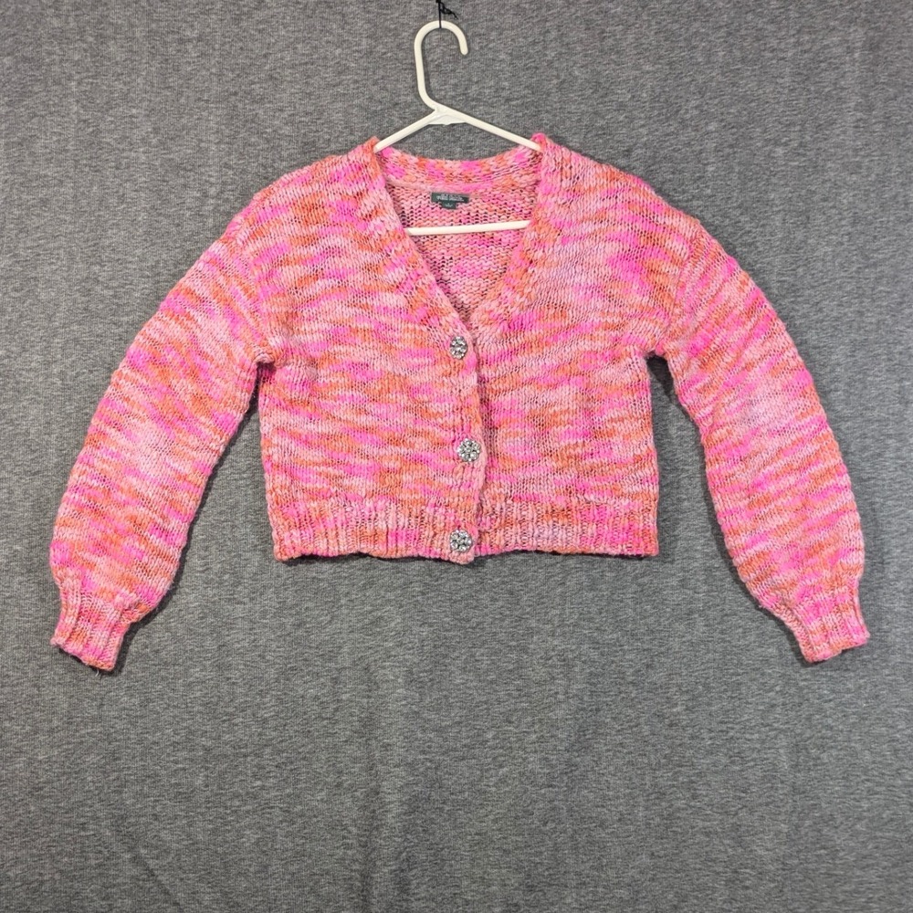 Wild Fable Pink Orange Cropped Chunky Knit Cardigan Rhinestone Buttons Size S